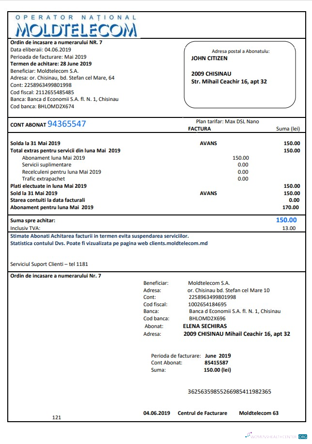 download Moldova Moldtelecom utility bill template in Word and PDF format, fully editable PDF template